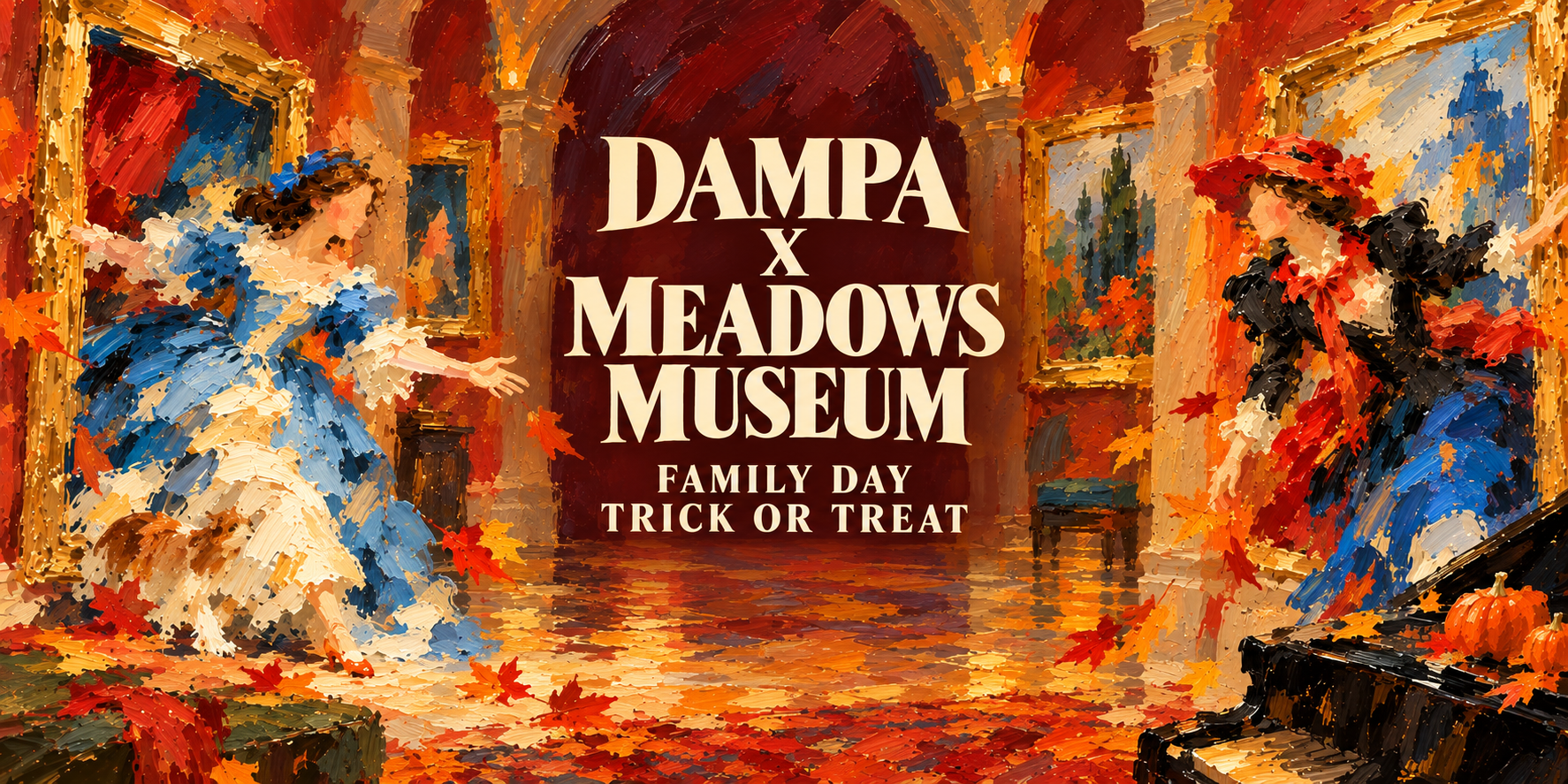 Abstract oil-painted museum gallery with costumed characters stepping out of gilded frames, autumn leaves, and a piano. DAMPA X MEADOWS MUSEUM — Family Day Trick or Treat.